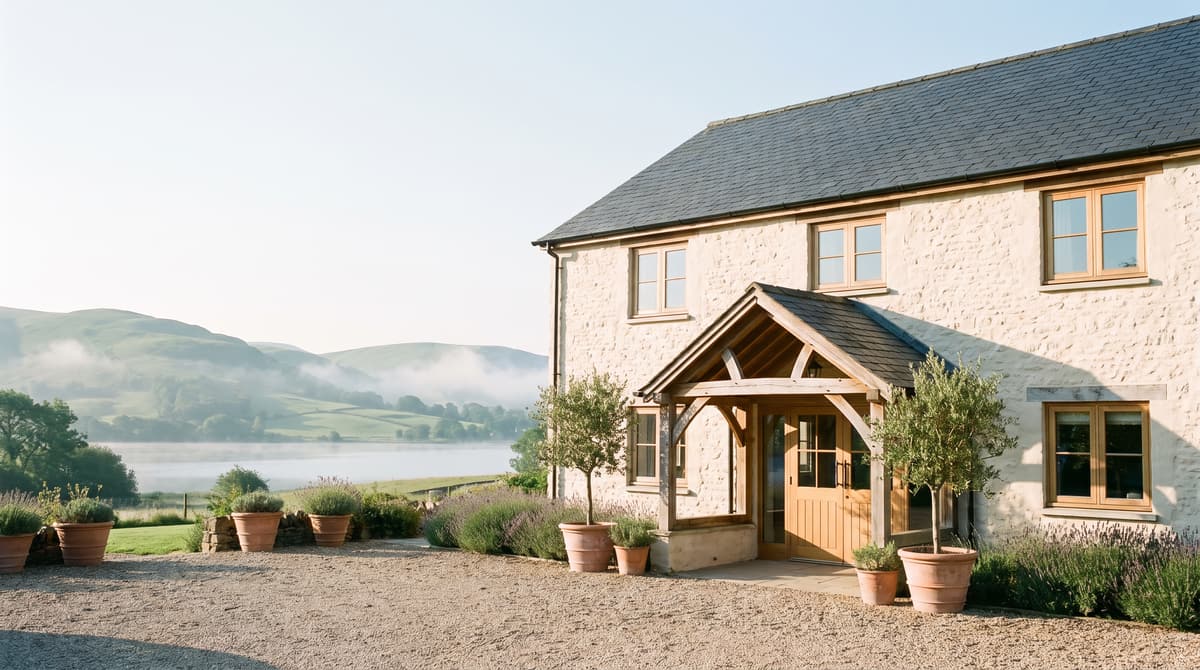 A small country hotel of pale stone beside a lake in early morning light.