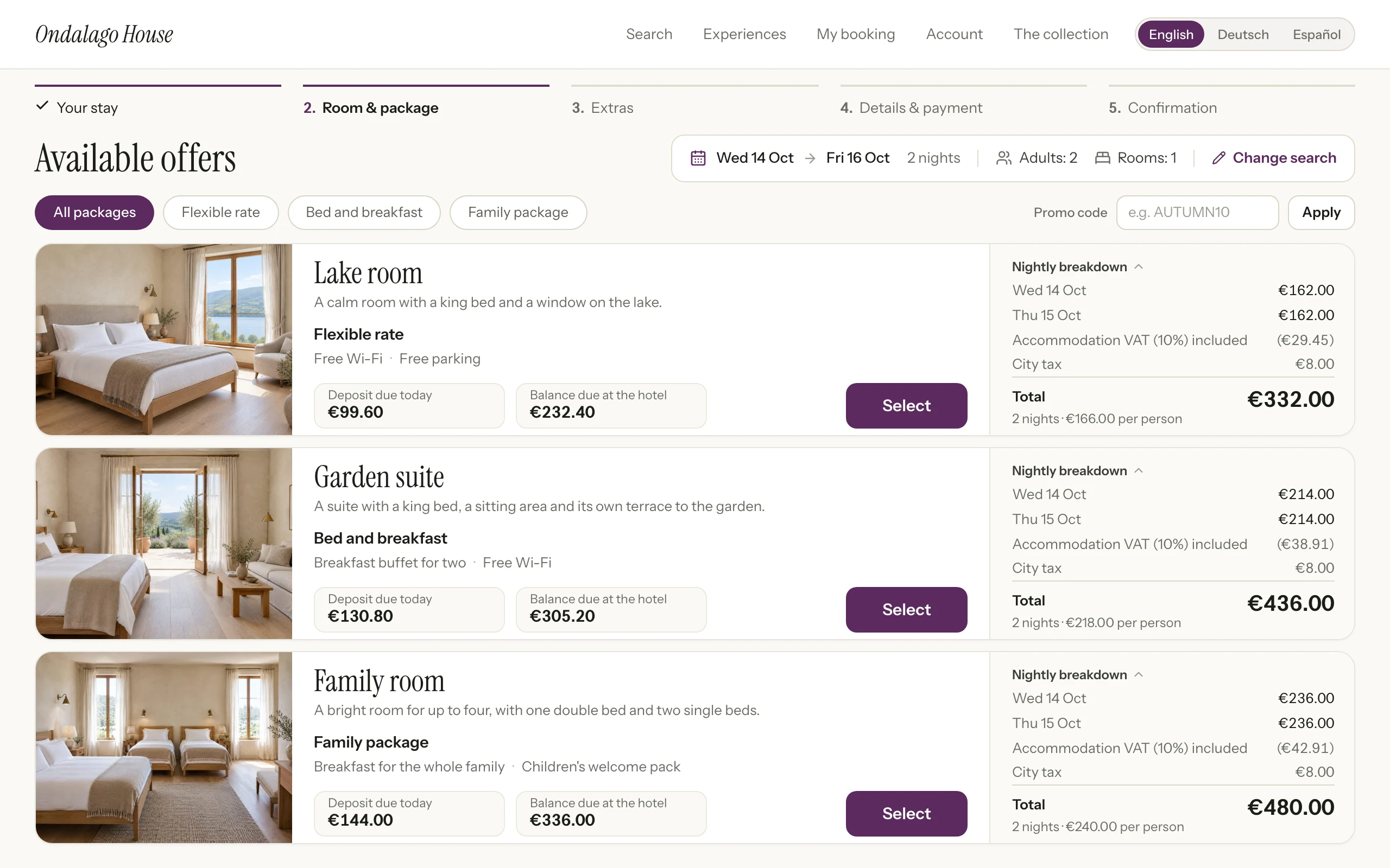 The booking engine's results page for a two-night stay, with three rooms shown as cards with photo, package, nightly breakdown with the VAT included, deposit, balance due at the hotel and a Select button. Illustration with sample data.