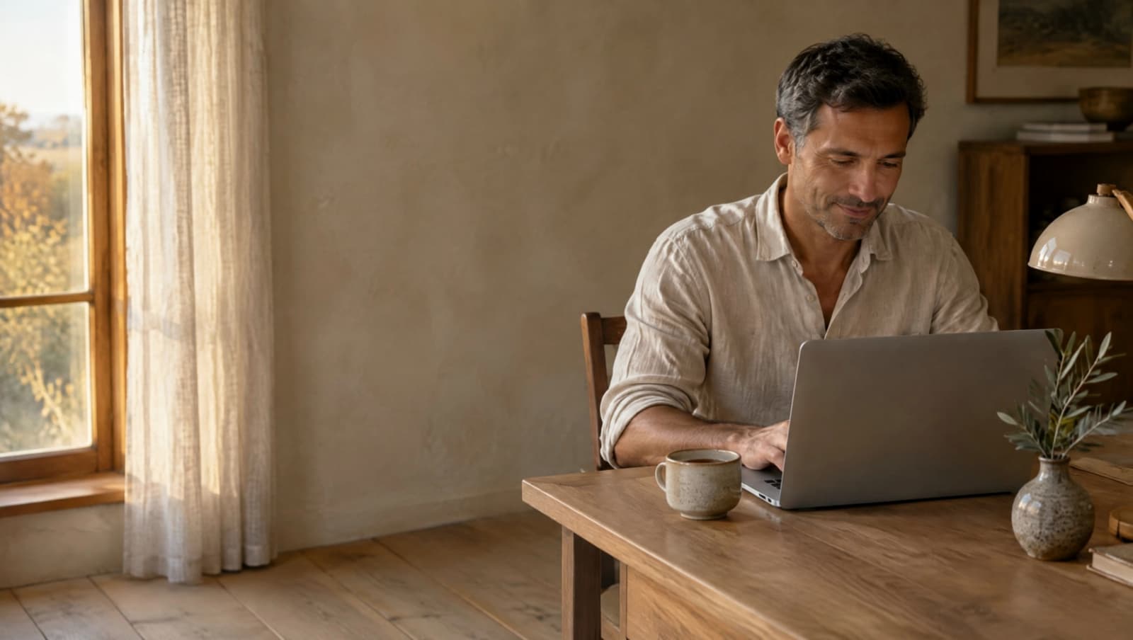A hotel manager finishes the day at a desk with a laptop.